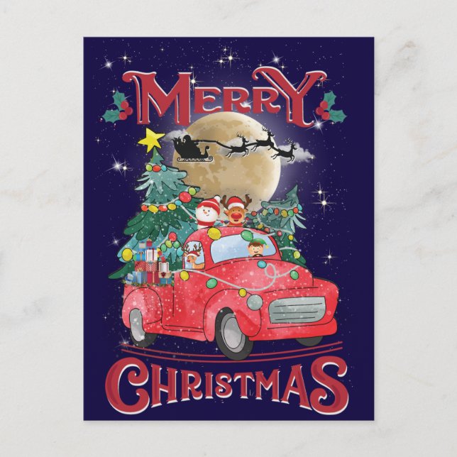 Merry Christmas Vintage Red Santa Truck Holiday Postcard (Front)