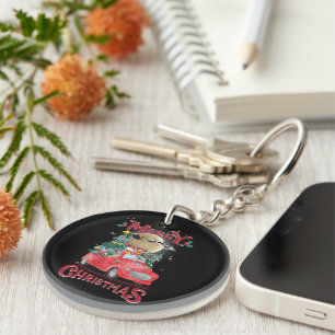 Merry Christmas Vintage Red Santa Truck Keychain