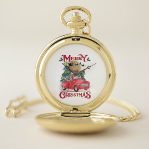 Merry Christmas Vintage Red Santa Truck Pocket Watch