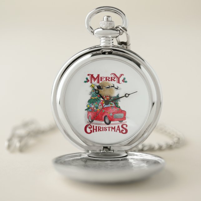 Merry Christmas Vintage Red Santa Truck Pocket Watch (Inside)
