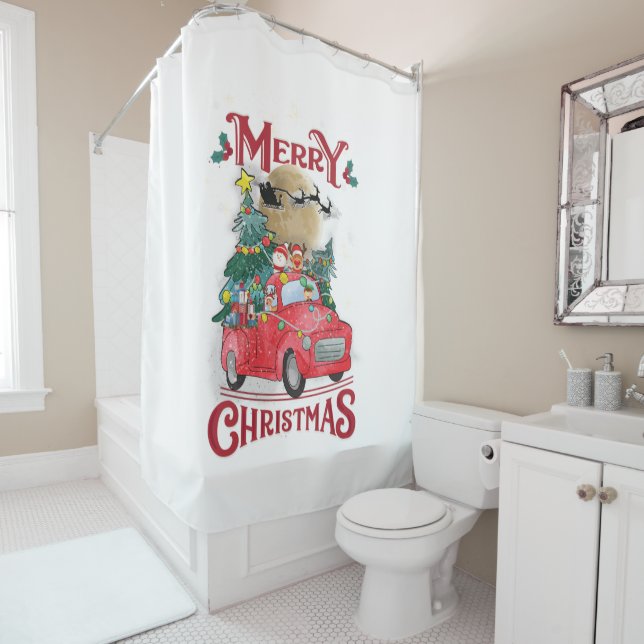Merry Christmas Vintage Red Santa Truck Shower Curtain (In Situ)