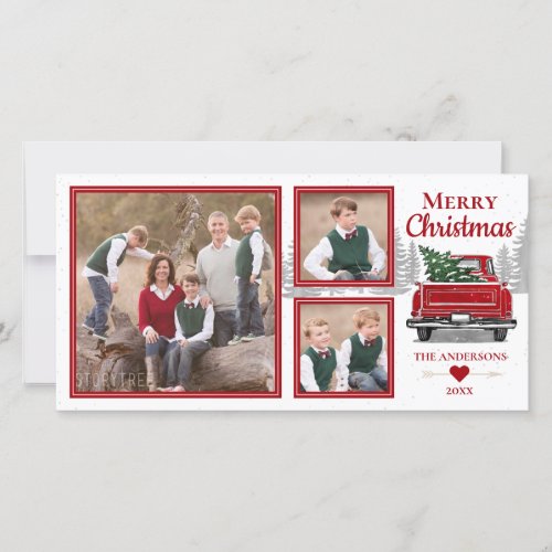 Merry Christmas Vintage Red Truck 3 Family Photos Holiday Card