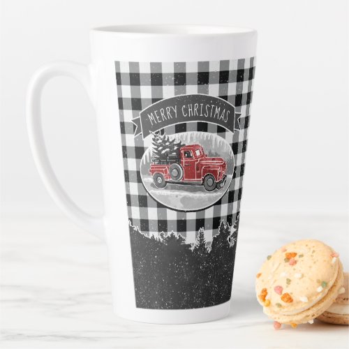 Merry Christmas Vintage Red Truck Buffalo Plaid Latte Mug