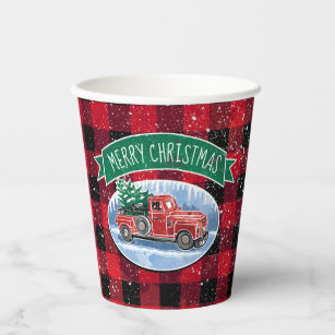 Merry Christmas Vintage Red Truck Buffalo Plaid Paper Cups