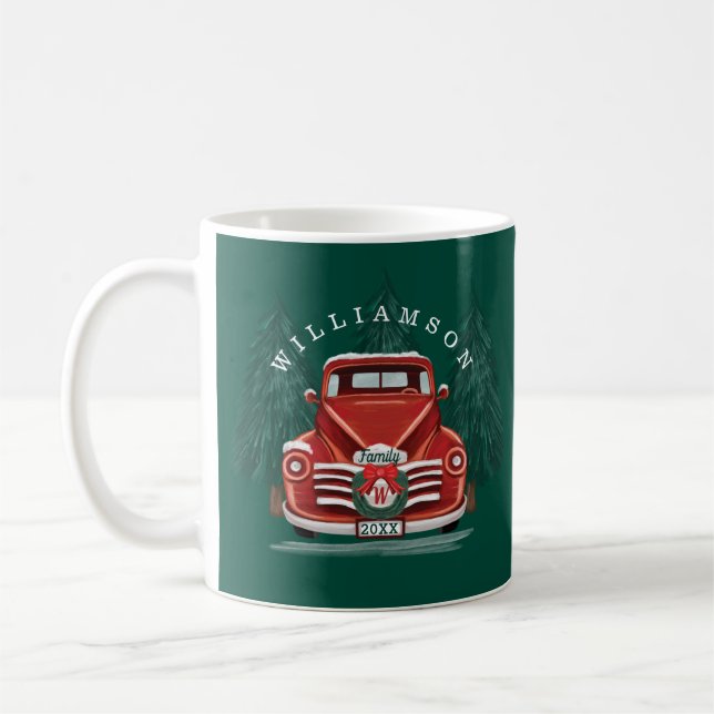 Merry Christmas Vintage Red Truck Christmas Tree Coffee Mug (Left)