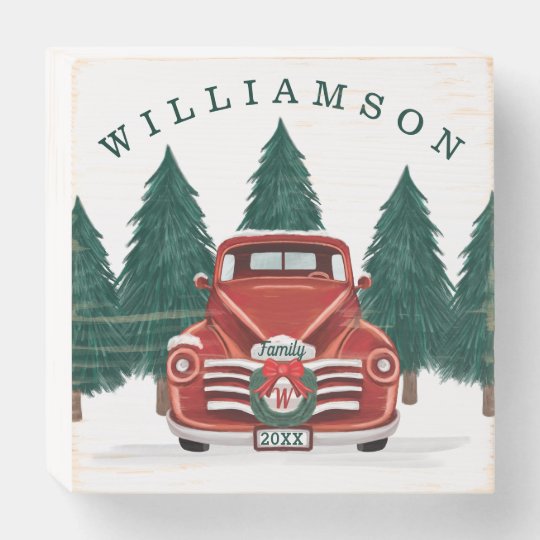 Merry Christmas Vintage Red Truck Christmas Tree Wooden Box Sign Zazzle Com