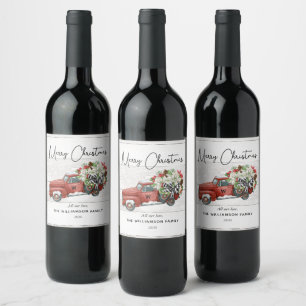 Merry Christmas Vintage Red Truck Family Holiday Wine Label