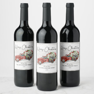Merry Christmas Vintage Red Truck Family Holiday Wine Label