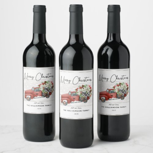 Merry Christmas Vintage Red Truck Family Holiday  Wine Label