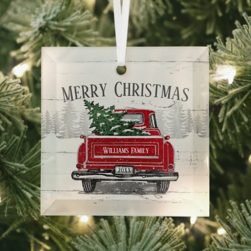 Merry Christmas Vintage Red Truck Family Name Glass Ornament
