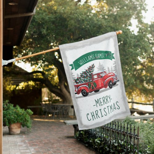 Merry Christmas Vintage Red Truck Family Name House Flag