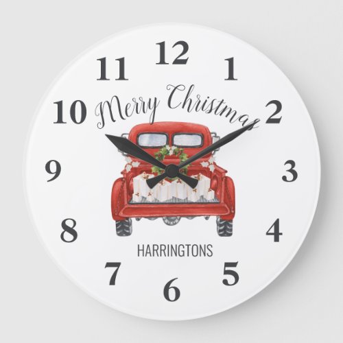Merry Christmas Vintage Red Truck Family Name Large Clock