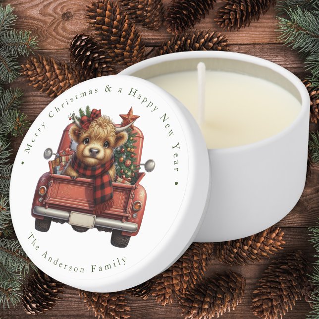 Merry Christmas Vintage Red Truck Highland Cow  Mini Candle Favors (Creator Uploaded)