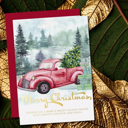 Merry Christmas Vintage Red Truck in Forest Gold Foil Holiday Card
