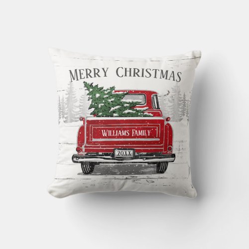 Merry Christmas Vintage Red Truck Name Rustic Throw Pillow