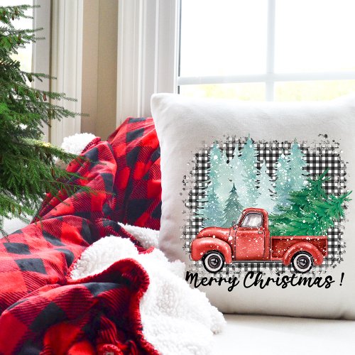 Merry Christmas _ Vintage Red Truck Of Trees  Throw Pillow