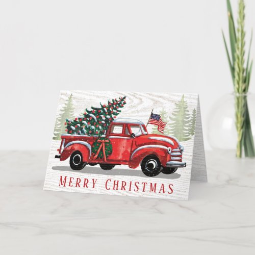 Merry Christmas Vintage Red Truck Patriotic Flag  Holiday Card