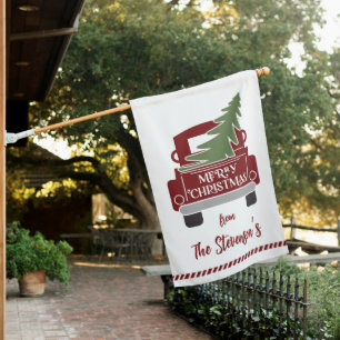Merry Christmas Vintage Red Truck Personalized House Flag