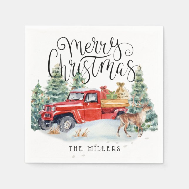 Merry Christmas | Vintage Red Truck Personalized Napkins (Front)
