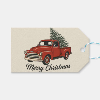 Merry Christmas Vintage Red Truck & Pine Tree Gift Tags