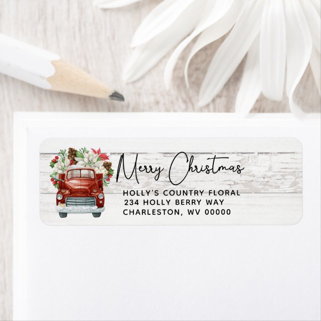Merry Christmas Vintage Red Truck Rustic Christmas Label (Insitu)