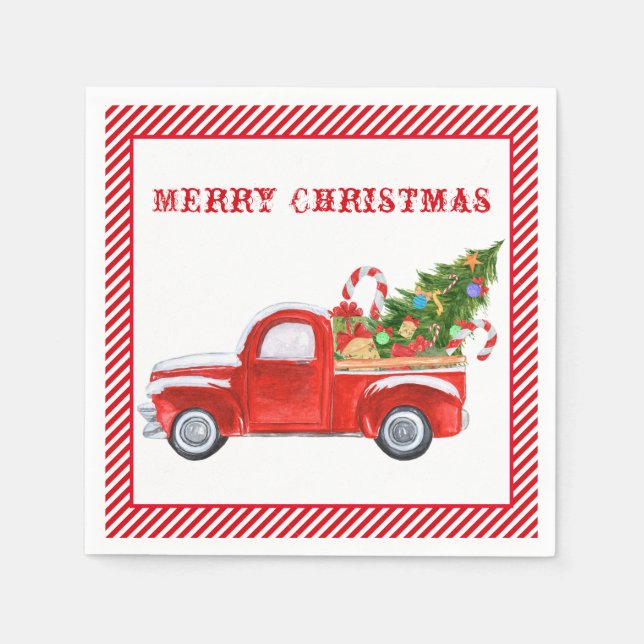Merry Christmas Vintage Red Truck Stripes Holiday Napkins (Front)