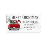 Merry Christmas Vintage Red Truck Tree Address Lab Label<br><div class="desc">Add a patriotic touch to your holiday mailings with these retro pickup truck return address labels. The design features a vintage red truck with a red, white and blue American flag flying out the window and a Christmas tree in the back. Above it reads "Merry Christmas" with your return address...</div>