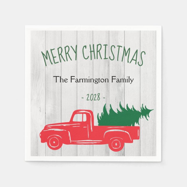 Merry Christmas Vintage Red Truck White Wood  Napkins (Front)