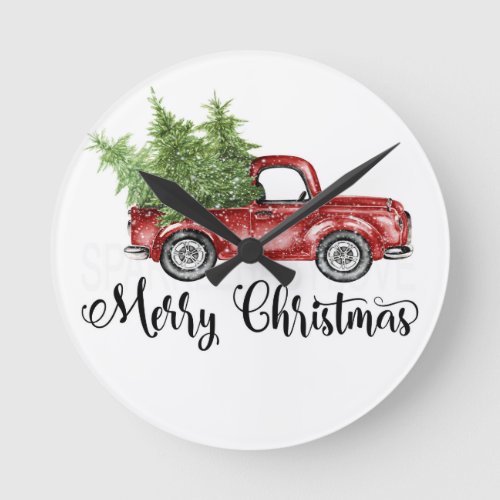 Merry Christmas Vintage Retro Red Truck Cute Face Round Clock
