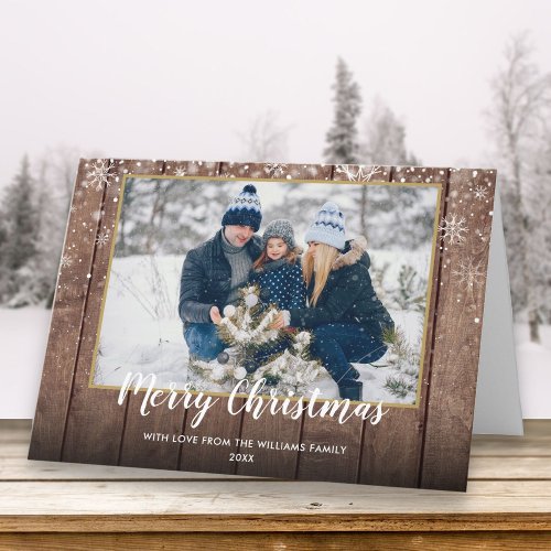 Merry Christmas Vintage Rustic Wood Photo Holiday Card