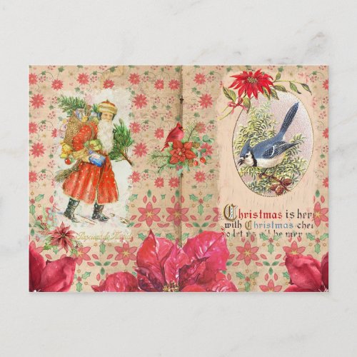 Merry Christmas Vintage Santa and Poinsettia Holiday Postcard
