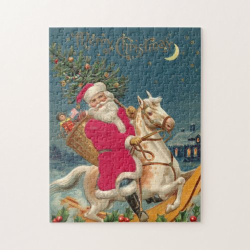Merry Christmas Vintage Santa Claus on Horse  Jigsaw Puzzle