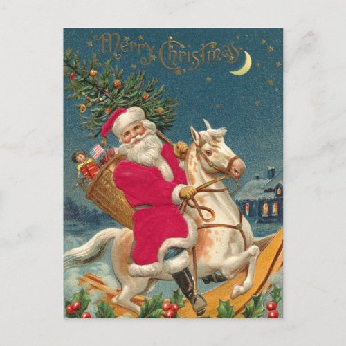 Merry Christmas Vintage Santa Claus on Horse  Postcard