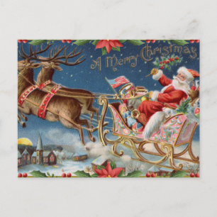 Merry Christmas Vintage Santa Claus on Sleigh Holiday Postcard