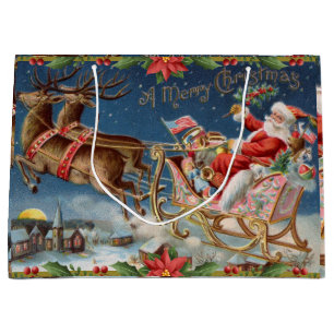 Merry Christmas Vintage Santa Claus on Sleigh Large Gift Bag