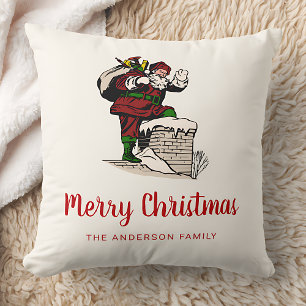 Merry Christmas Vintage Santa Custom Family Name Throw Pillow
