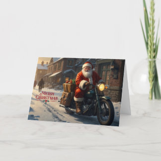 Merry Christmas Vintage Santa on Motorcycle Holiday Card