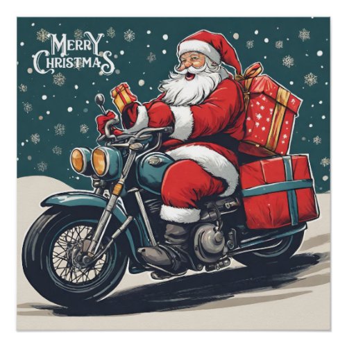 Merry Christmas Vintage Santa on Motorcycle Poster