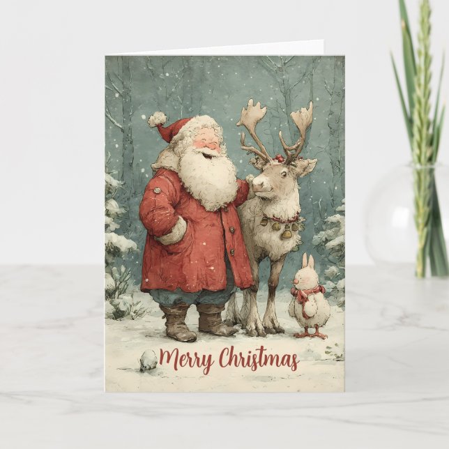 Merry Christmas Vintage Santa & Reindeer Card (Front)