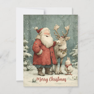 Merry Christmas Vintage Santa & Reindeer Postcard