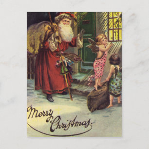 Merry Christmas, Vintage, Santa with Angels Holiday Postcard