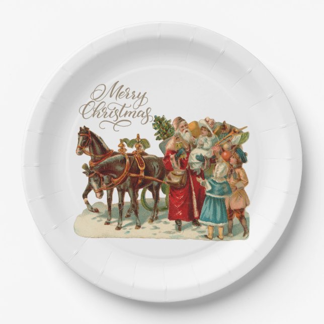 Merry Christmas Vintage Santa with Children  Paper Plates (Front)
