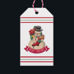 Merry Christmas - Vintage Snowman Gift Tag<br><div class="desc">This tag features a vintage snowman dressed for the holidays with his green earmuffs, scarf and mittens. To finish the look the snowman has a top hat trimmed with holly. Mr. Snowman is carrying a poinsettia plant and a Christmas stocking full of goodies. On the bottom of the image there's...</div>