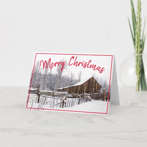 Merry Christmas Vintage Snowy Barn Photograph Holiday Card