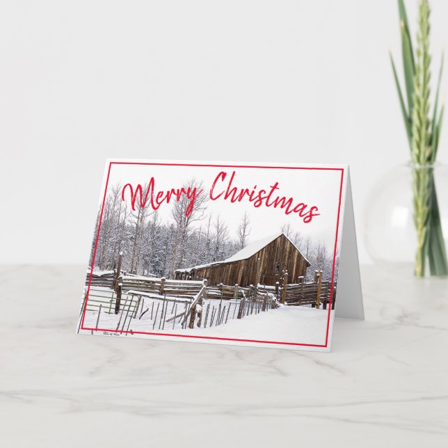 Merry Christmas Vintage Snowy Barn Photograph Holiday Card (Front)