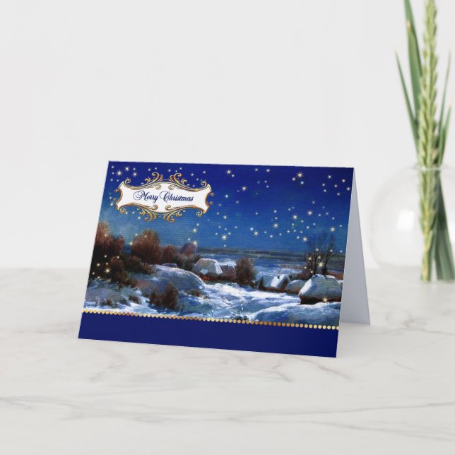 Merry Christmas. Vintage Snowy Village Painting Holiday Card (Front)