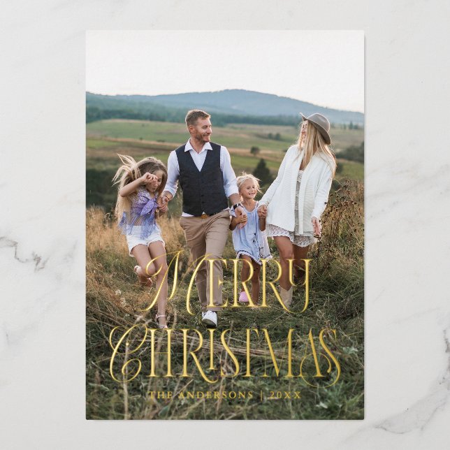 Merry Christmas Vintage Swirl Photo Foil Holiday Card (Front)