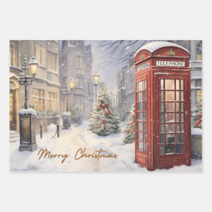 Merry Christmas Vintage Telephone Booth Wrapping Paper Sheets
