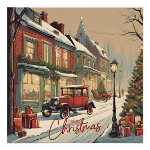 Merry Christmas Vintage Town Illustration Poster