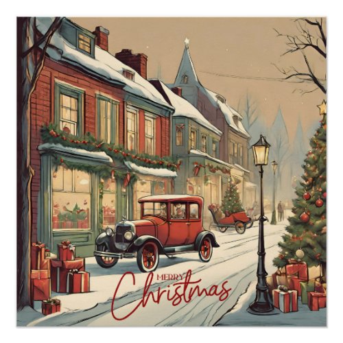 Merry Christmas Vintage Town Illustration  Poster